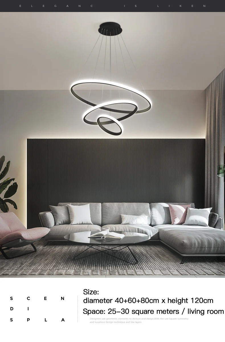 Description Picture 6 of itemModern Pendant Lamp Led Rings Circle Ceiling Hanging Chandelier Black Loft Living Dining Room Kitchen Indoor Lighting Fixture