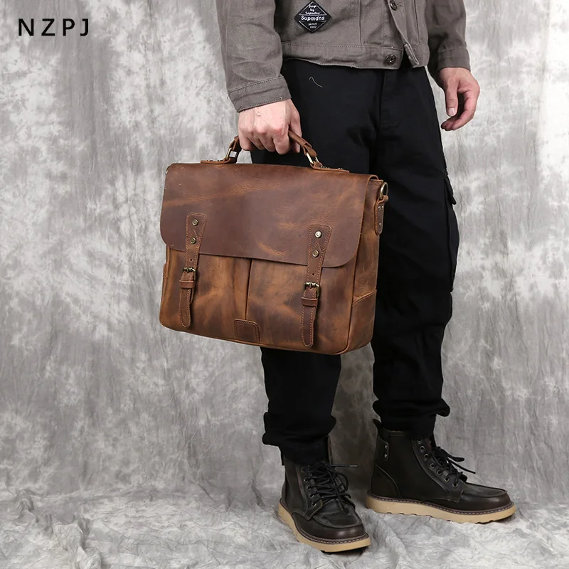 NZPJ Retro Leather Men's Handbag Top Layer Leather Horizontal Computer Bag Crazy Horse Leather Men Casual Shoulder Messenger Bag