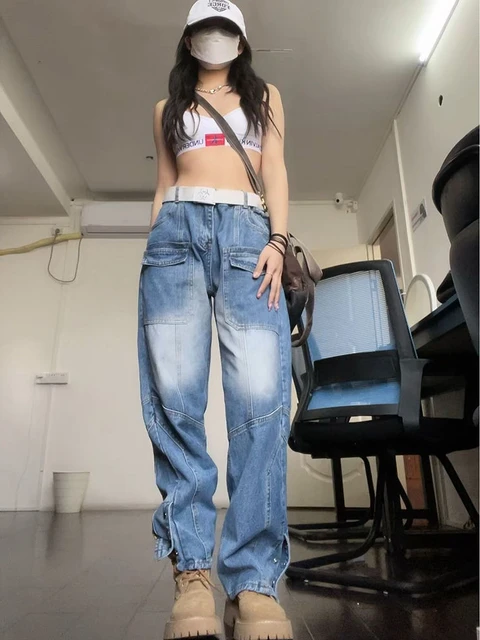 HOUZHOU Vintage 90s Jeans Women Baggy Y2k Korean Streetwear Cargo