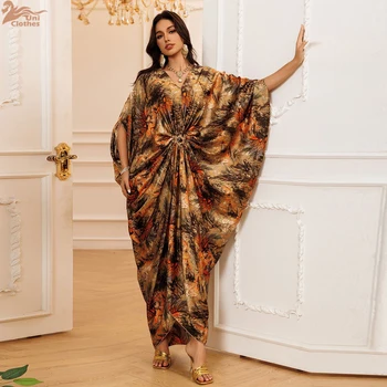 Zahraa 2026 New Printed Batwing Sleeve Muslim Abaya Dress Islamic Arabian Robe Pullover Fashion Dress for Women 1