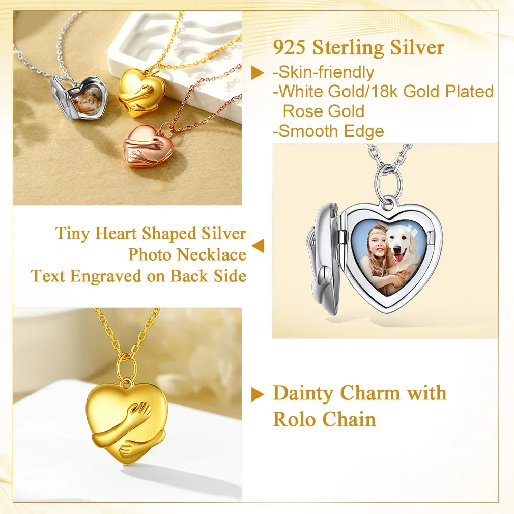 U7 925 Silver Heart Locket for Women Custom Hug Hugging Hands Your Photo Necklace Memorial Pictures Personalized Jewelry