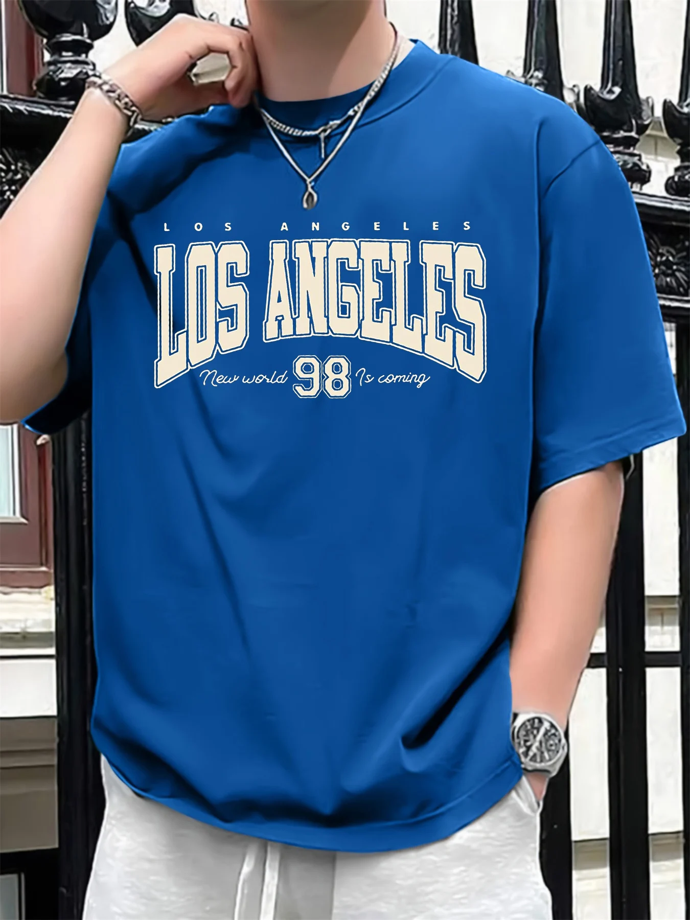 2025 new model Men's summer 100 cotton fashionable casual loose plus size Los Angeles 98 printed sports round neck short sleeved 5