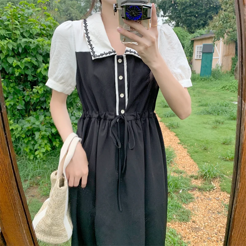 

2022 Summer Women's Clothing Retro Puff Sleeve Dress Women Elegant Sweet Short Sleeve Slim Doll Collar Waist Dress P40