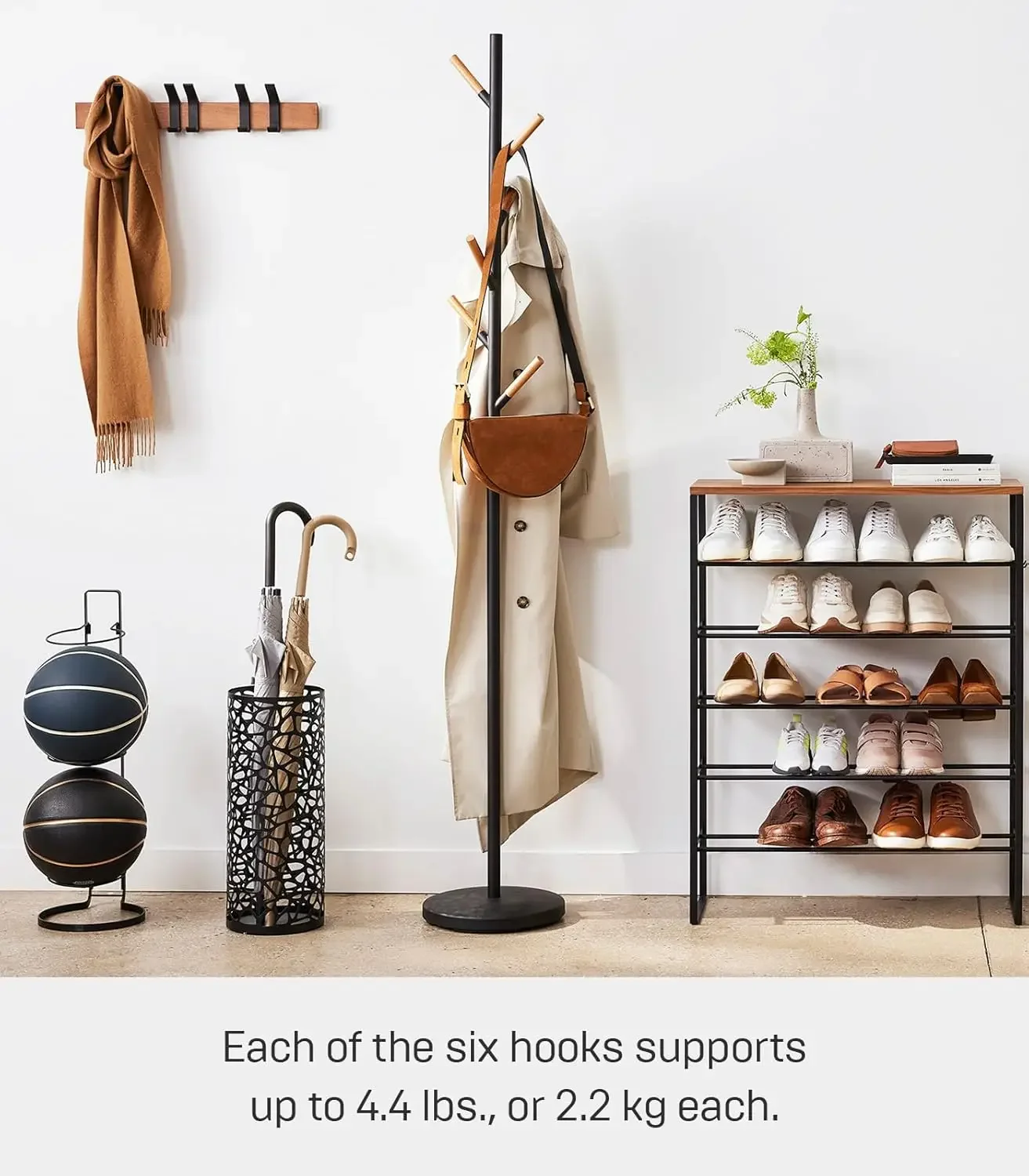 Home Plain Freestanding Coat Hanger Rack With Wooden Hooks, Space Saving, 70" - Steel