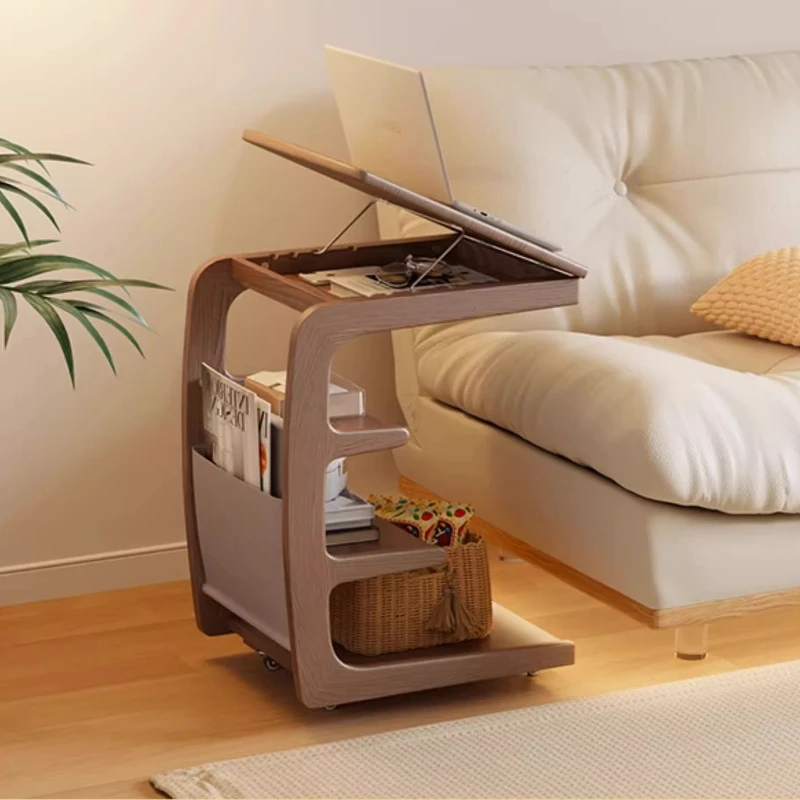 Solid Wood Movable Sofa Side Table With Wheels For Living Room Bedside Coffee Table Small Home Storage Cabinet Table