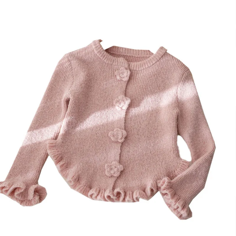 2025 여아 가을 겨울 니트 스웨터 가디건 단색 긴팔 상의 레이스 풀오버 712세 아동복