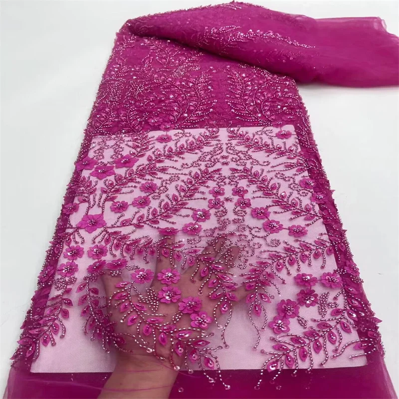 

African 3D Beaded Lace Fabric Luxury Bridal 2024 High Quality Nigerian Applique French Tulle Fabric For Wedding Sewing