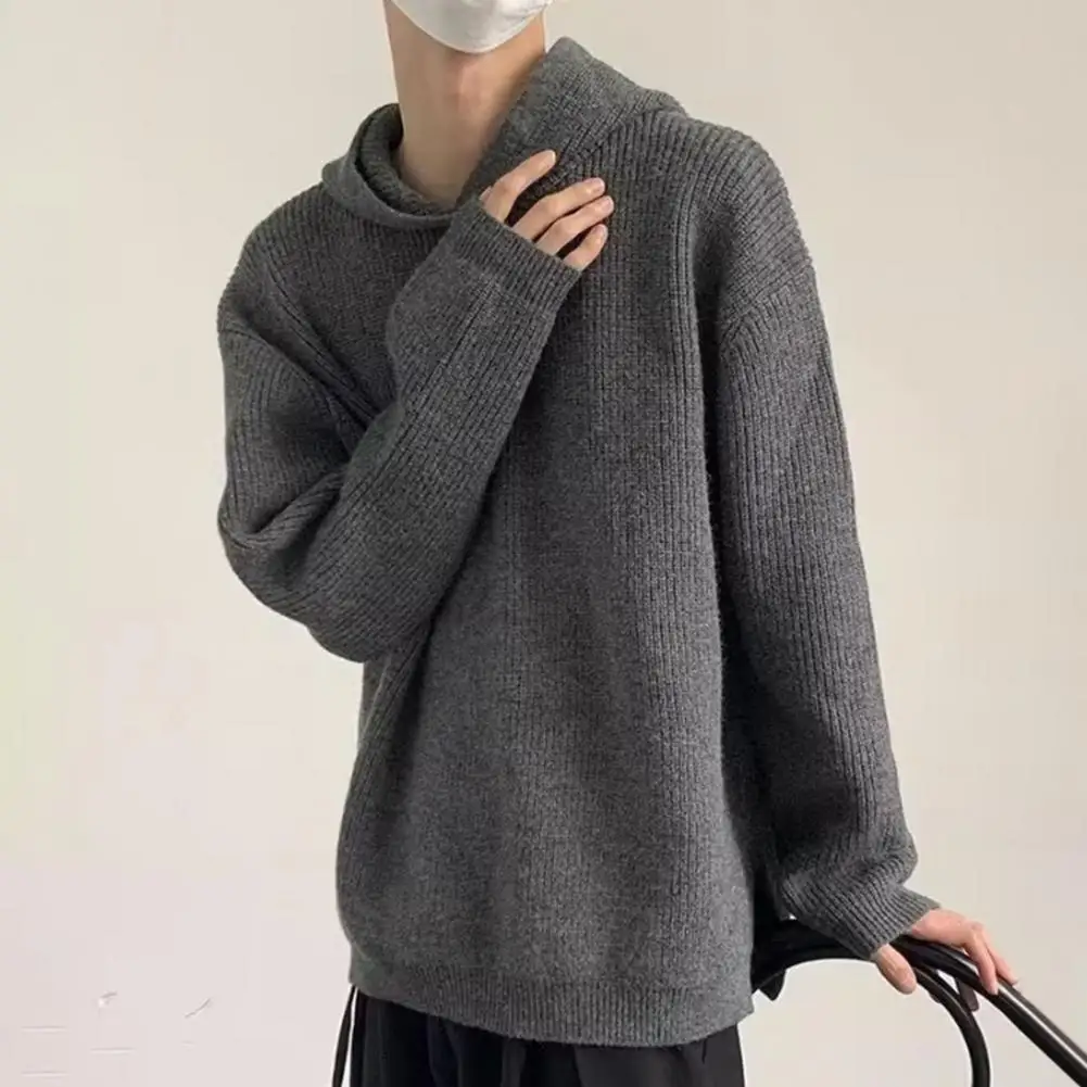 Winter Hooded Sweater Cozy Hooded Men's Knitted Sweater With Side Split Retro Pullover Warm Mid Length Design For Winter Fall knee length cardigan stylish women s hooded sweater coat knitted contrast color mid length with pockets split for fall winter