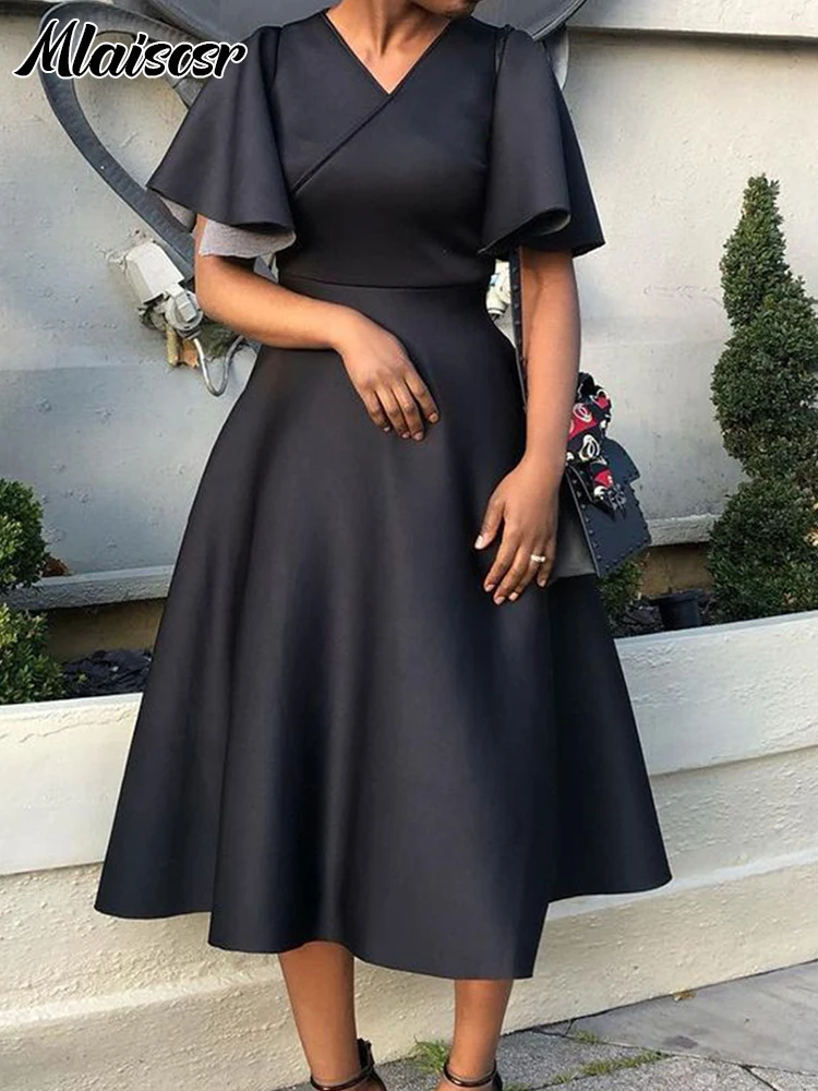 Mlaiscsr Women's Elegant Office Blue Mid Dress V-Neck Ruffle Sleeve High-Waisted Pleated A-Line Birthday Dinner African Vestidos - Image 3