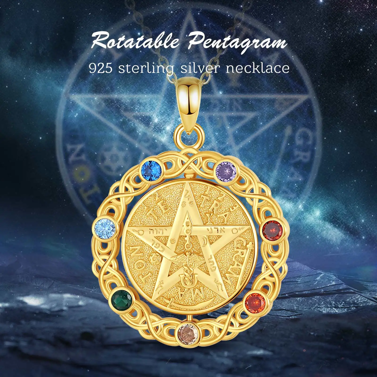 925 Sterling Silver Pentagram Pendant Necklace 18K Gold 7 Color Chakra Star Tetragrammaton For Women Man witchcraft Gift