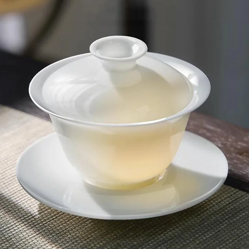 White Jade Porcelain Sancai Gaiwan Kungfu Tea Tureen Cup Household Tea Infuser Bowl Kitchen Teaware