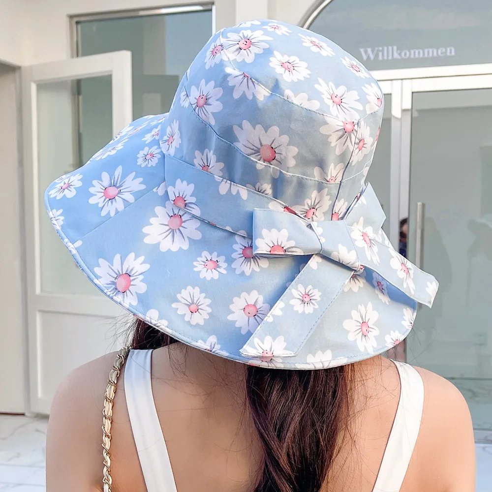 New Summer Hats For Women Fashion Wide Brim Daisy Flower Print Design Sun  Hat Sun Protection Travel Beach Bucket Hat