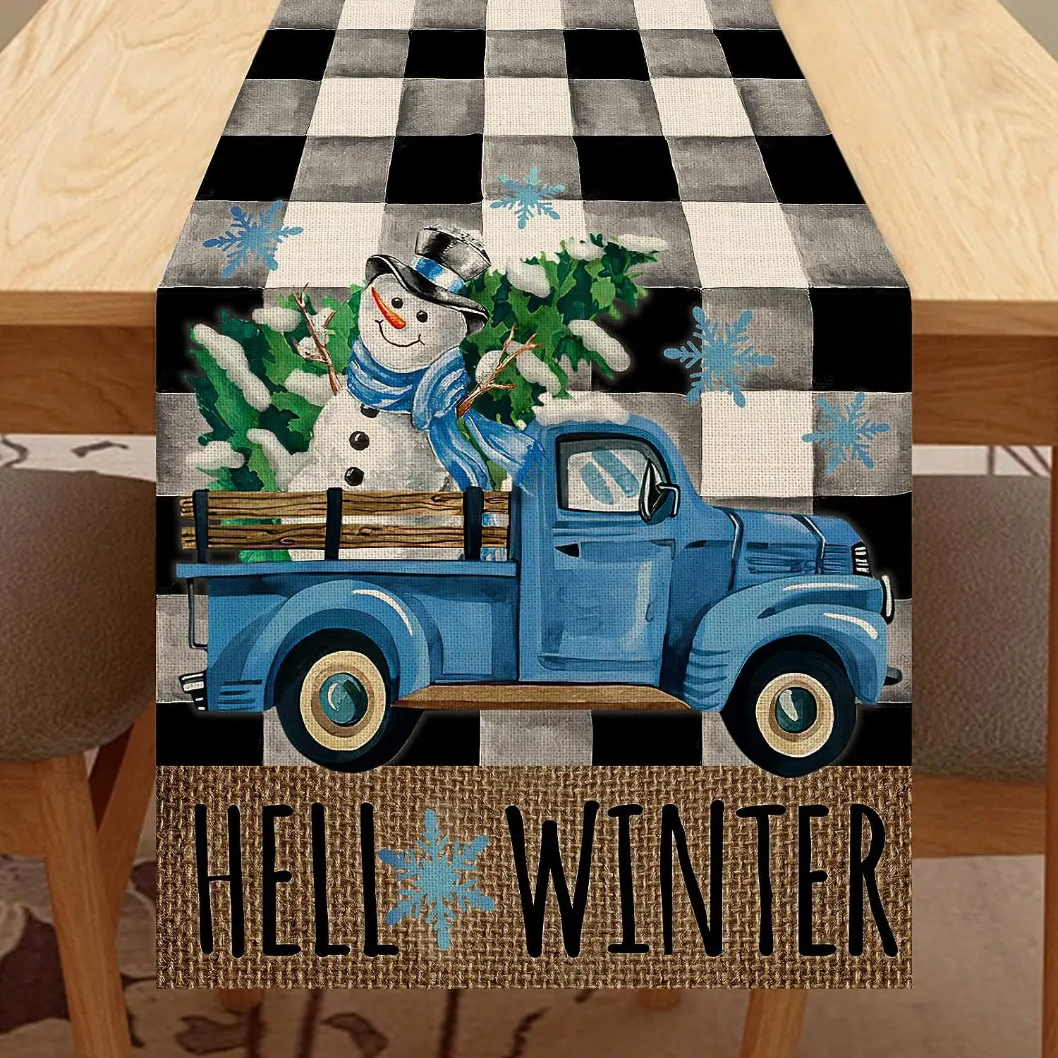 

Christmas Snowman Blue Truck Linen Table Runner Black Buffalo Plaid Christmas Home Kitchen Decor Holiday Party Supplies