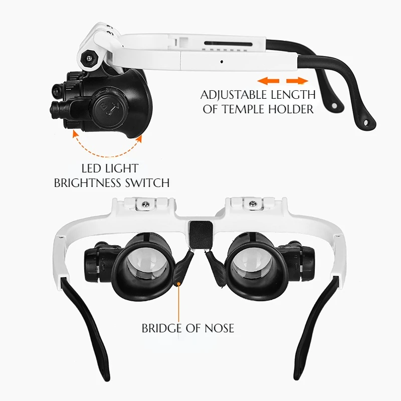 Headband Magnifier 2LED Head-Mounted Illuminating Microscope Headband Repair LED Lamp Light Magnifying Glass with 8x 15x 23x Magnifier Loupe