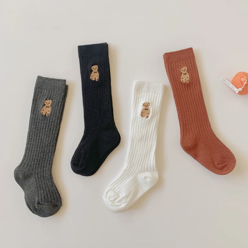 1 Pairs Children High Long Socks Autum Winter Warm Cotton Cute Bear Embroidery Boys Girl knee-High Stockings For 1-9 Years