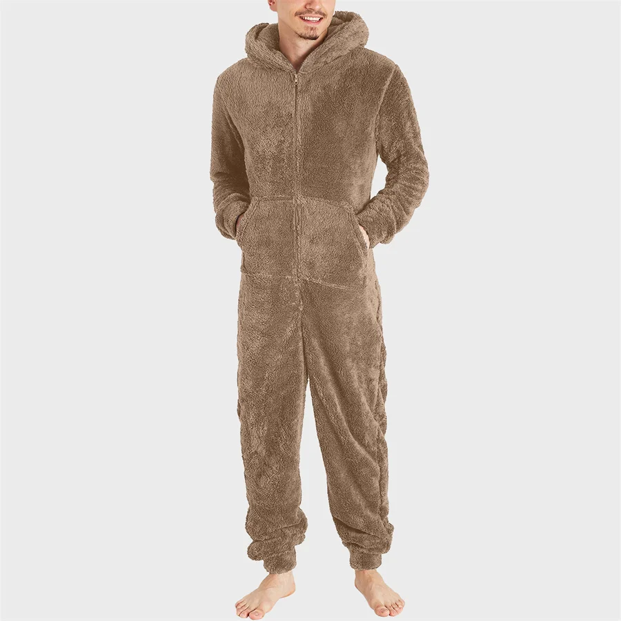 Men's Winter Warm Pajamas Set Men Solid Zipper One-piece Nightwear Long Sleeve Hooded Long Jumpsuit Sleepwear 5XL men bodysuits men jumpsuits