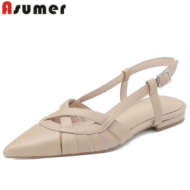 

ASUMER 2024 New Pointed Toe Genuine Leather Sandals Woman Square Low Heels Dress Shoes Buckle Ladies Slingbacks Summer Shoes