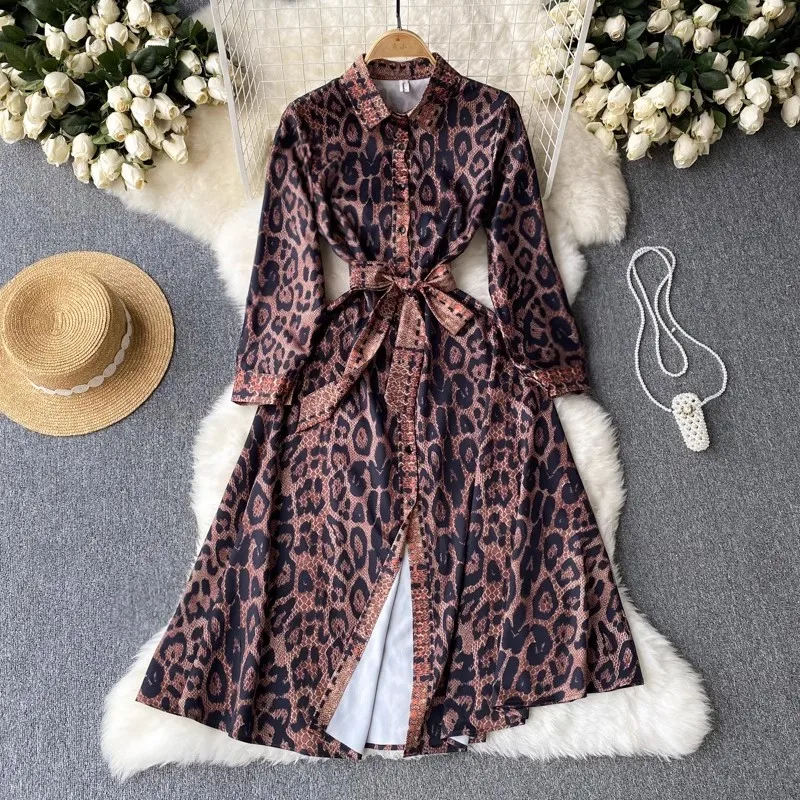 

2023 Spring Summer New Lapel Leopard Peint Long Dress Vintage French Chic Fashion Bow Lace Up Long Sleeve Casual Beach Dress