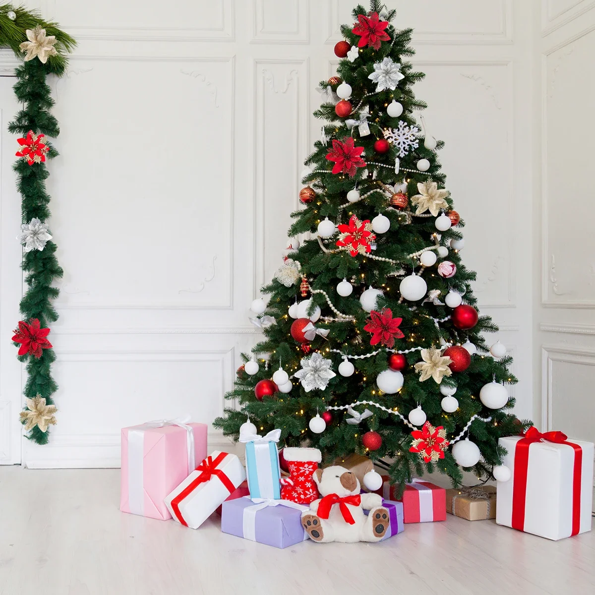 1/5/10pcs Sparkling Red Golden Silver Poinsettia Artificial Flowers Christmas Tree Ornaments for Xmas New Year party Decoration