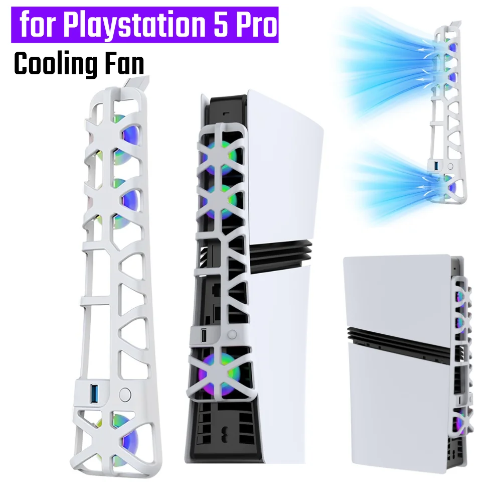 For PS 5 Pro Temperature-Controlled Cooling Fan External Fan Cooler RGB Light USB3.0 Hub Vertical Radiator for Playstation 5 Pro