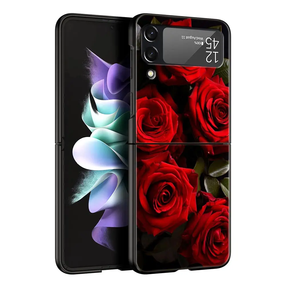 Elegant Red Rose Floral Phone Case - Black Hard Folding Cover