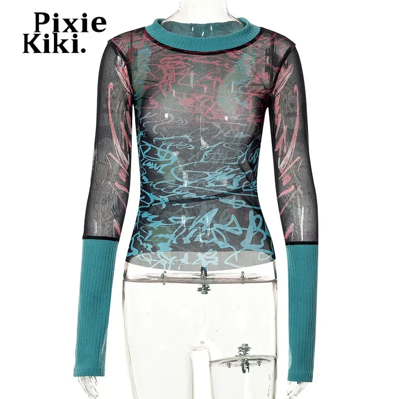 Graphic Mesh Long Sleeve Top | 90s Mesh Long Sleeve Top | Mesh 