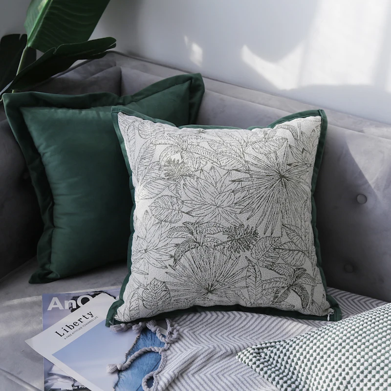 

Green Velvet Natural Plants Jacquard Chenille Cushion Cover Decorative Pillow Case Country Style Sofa Chair Bed Coussin