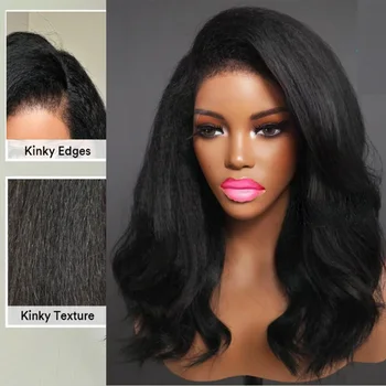 Side/Middle Part Double Texture Soft 13x4 Lace Front Wig Kinky Straight Body Wave Yaki Long 26 Inch 180density Synthetic
