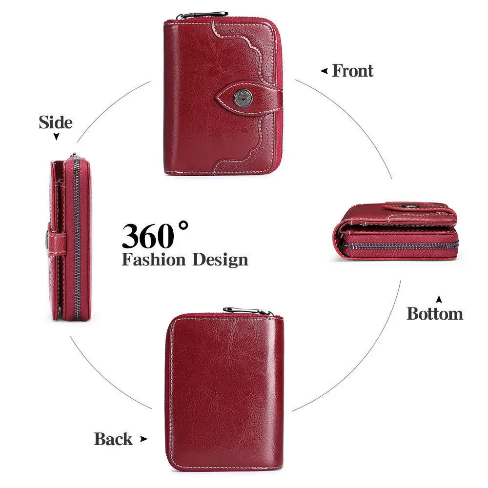 Women Vintage Oil Wax Leather Short Wallet Zipper Small Coin Pouch Two-fold Hasp Mini Purse Card Holder Ladies Fashion Clutch 6