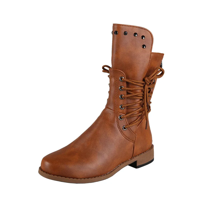 2023 New Women Mid Calf Boots Low Heels Winter Fur Boots Studded Booties Zipper Ladies Shoes Waterproof Botas Mujer