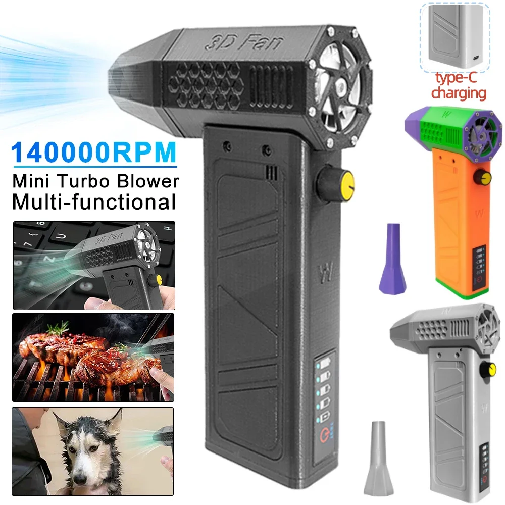 140000RPM Mini Turbo Jet Fan Portable Air Blower Brushless Motor Handheld Duct Fan 62m/s Electric Turbo Type-C Charging BBQ