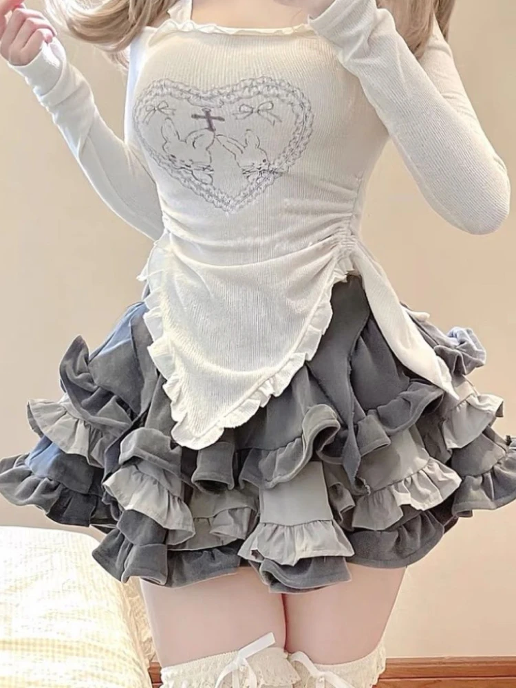 

2000s Japan Hotsweet Y2k Skirts Women Kawaii Mini Lolita Style Fashion Ball Gown Spring Fall Lovely Girl Sweet High Waist Faldas