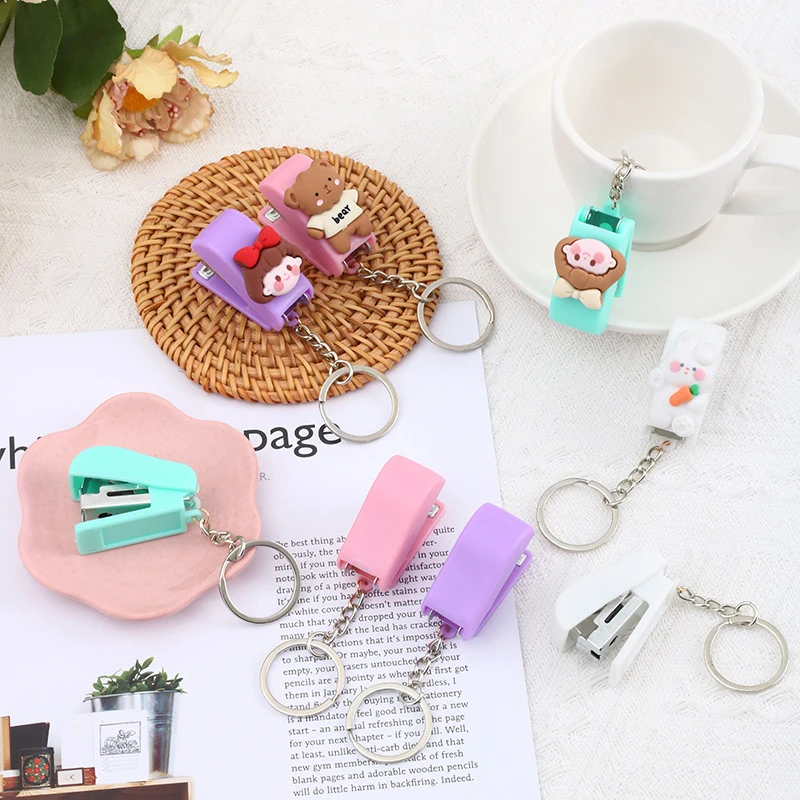 Cute Cartoon Mini Stapler Key Chain Macaron Color Student Creative Stapler Convenient Key Ring Pendant mini stapler set