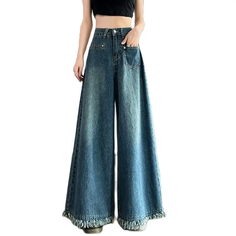 

Oversized Large Hem Fringed High Waisted Jeans For Women With Loose Drape And Wide Leg Pants Skirt