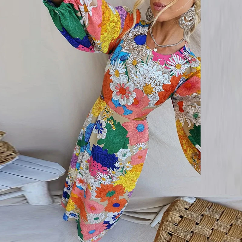 Floral Print Backless Tie Slim Fit Maxi Dress main image 0
