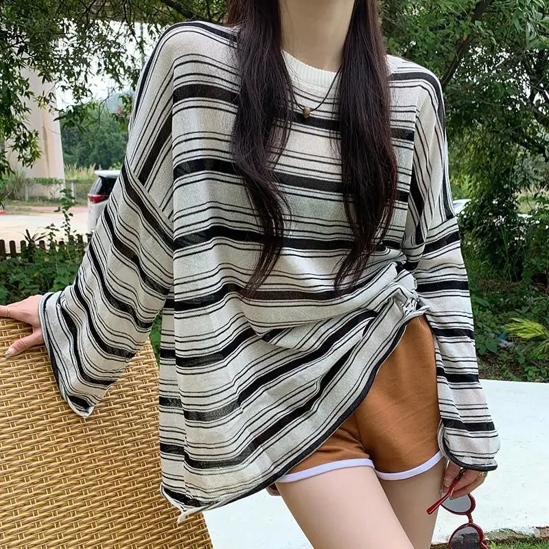 

Summer Oversized Striped T-Shirt Women'S Long-Sleeved Harajuku Vintage Casual Tee Gothic Punk Street Simple T-Shirt 2022