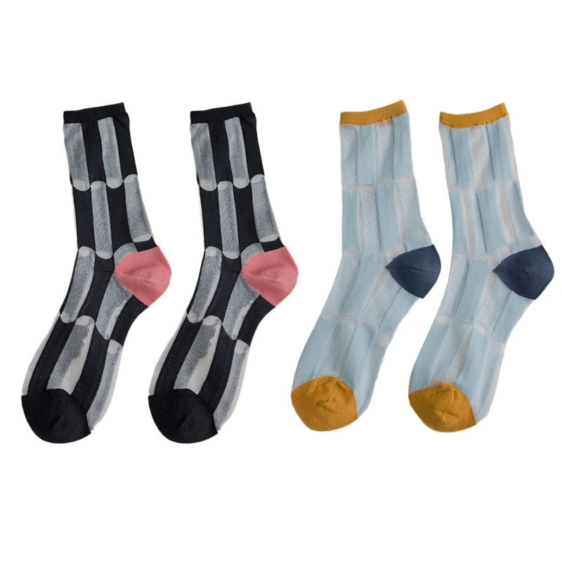 

Женские прозрачные носки из стекловолокна в клетку с цветными блоками, сетчатые лоскутные чулочно-носочные изделия 37JB