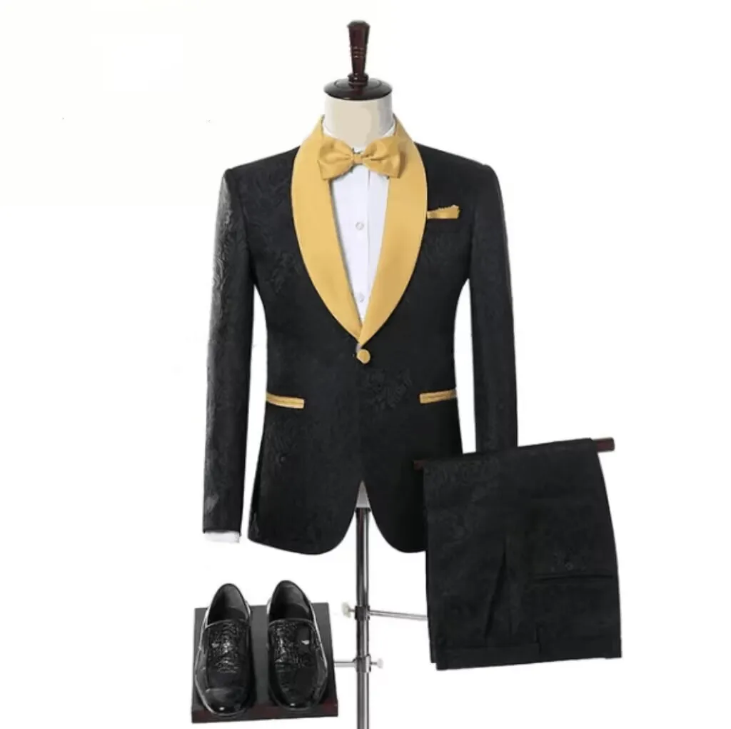 

Элегантные черные жаккардовые мужские костюмы, Модный золотой блейзер с отложным воротником и шалью, комплект из 2 предметов, блейзер для выпускного вечера, смокинг для жениха на свадьбу, облегающий мужской костюм