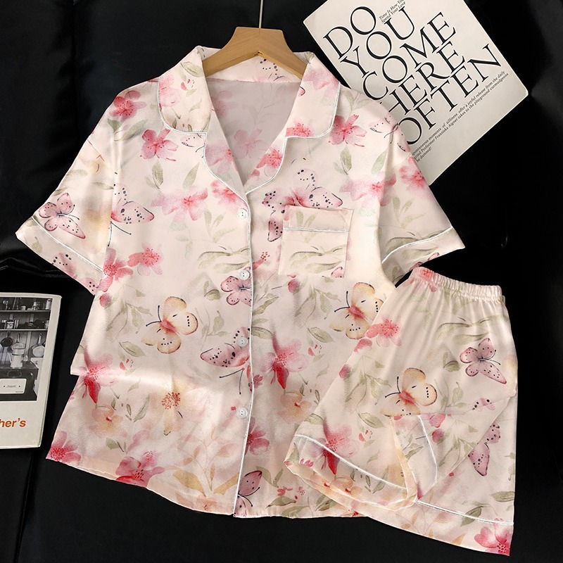 Ice silk suit sweet cute butterfly ladies pajamas summer 2025 new short-sleeved shorts lapel girls homewear two-piece suit