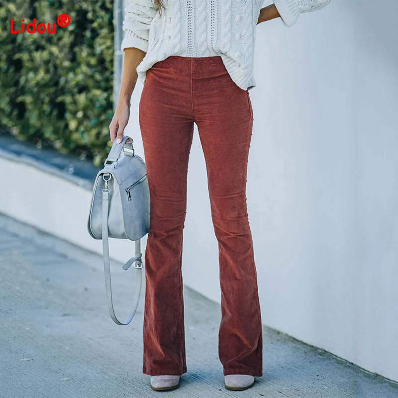 Corduroy Elastic High Waist Double Pocket Design Casual Trousers Femme Autumn Winter Fashion Solid Color Slim Micro Flare Pants