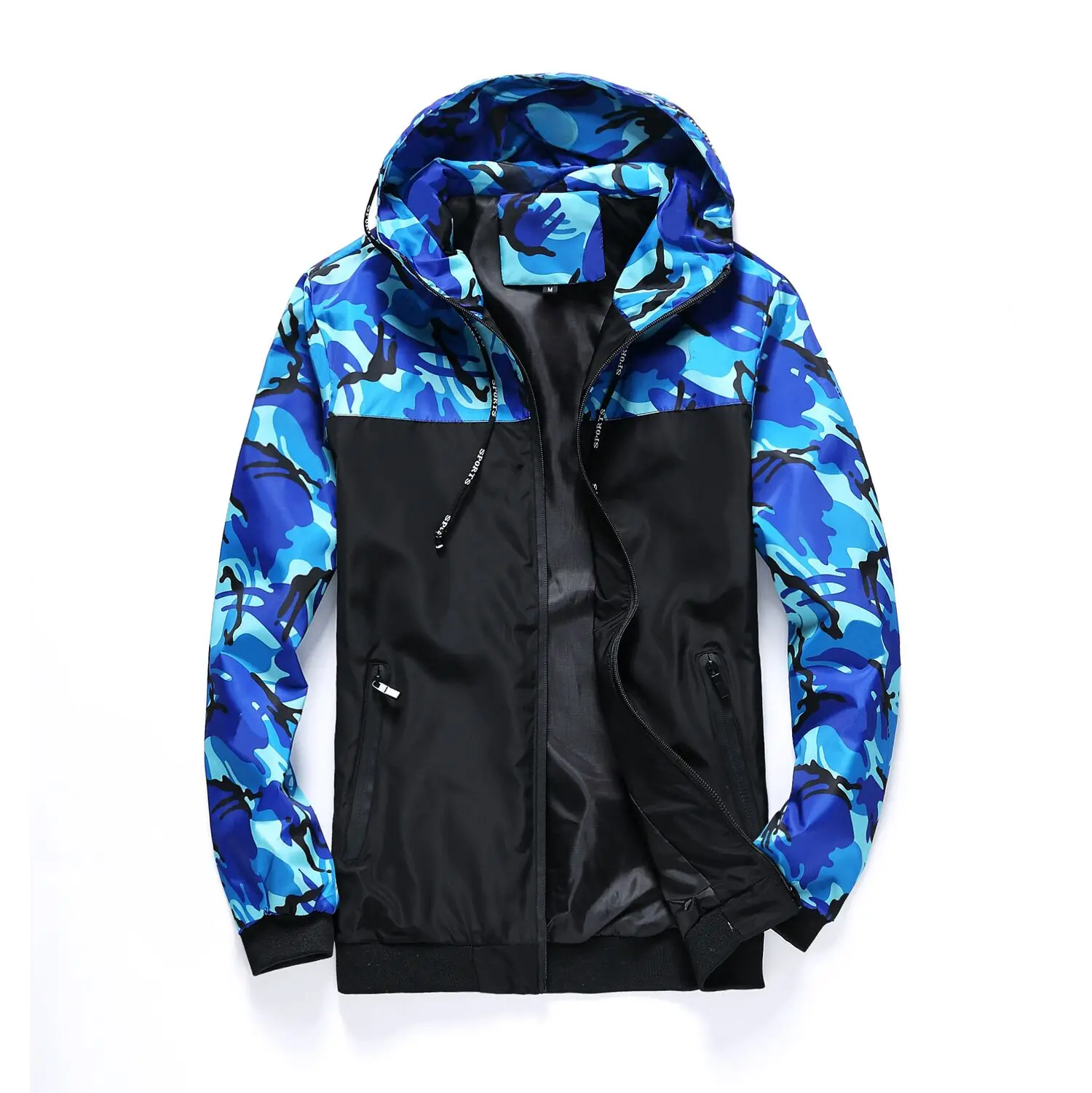 Camouflage men's jacket, work clothes, hood, color matching new youthful shrimp skin_mkmklike.com