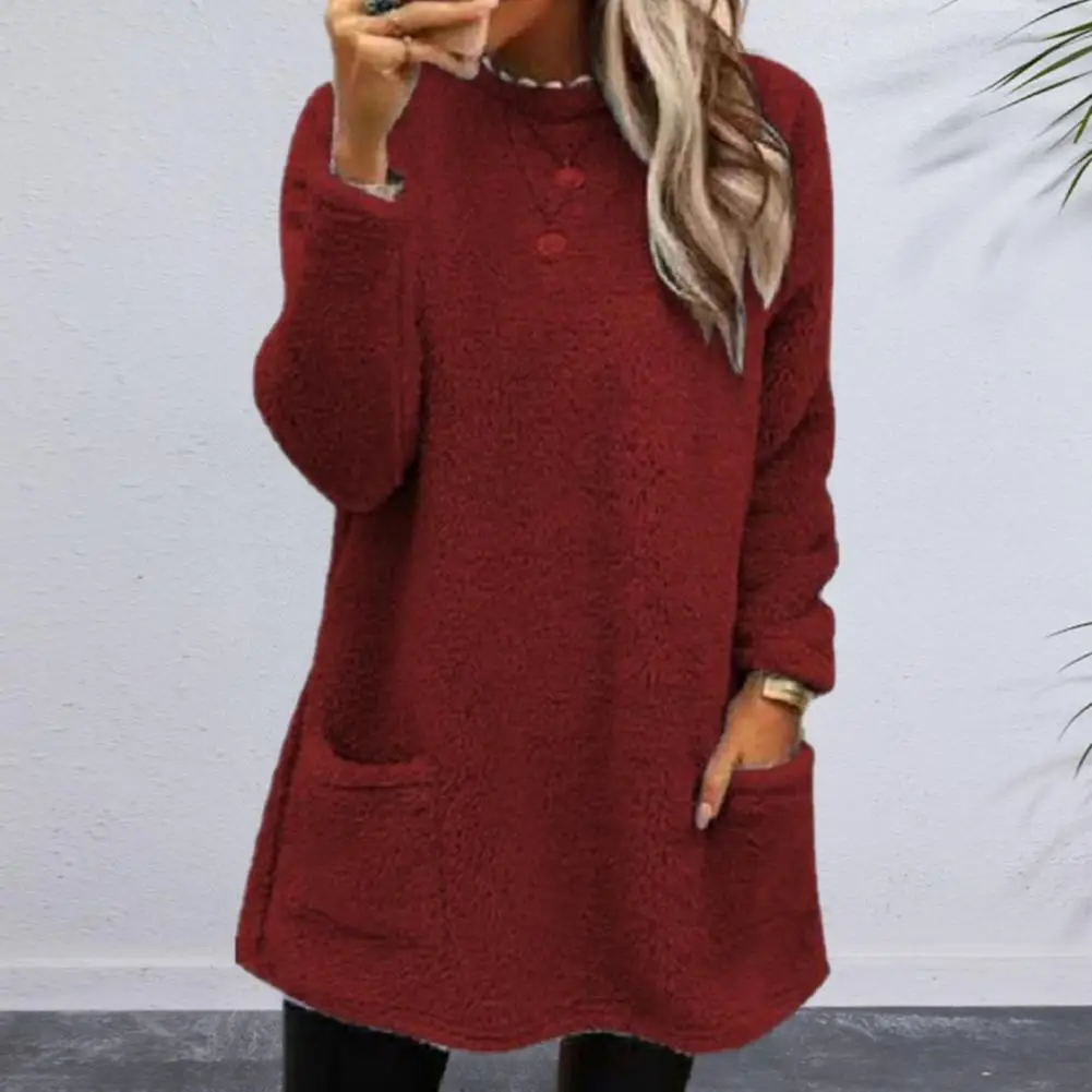 Solid Color Sweatshirt Cozy Double-sided Plush Sweatshirt for Women Warm Winter Pullover with Loose Pockets Long for Ladies double sided hanging storage bag with transparent pockets for hairpins bracelets id card necklaces with rotating hanger bag