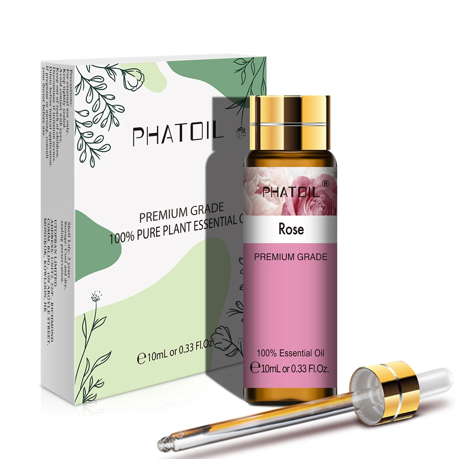 Essential Oils PHATOIL 10ml Rose Pure with Droppers for Humidifier Oil Diffuser Lavender Ylang Jasmine Rosemary Chamomile Lemon