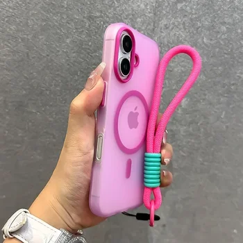 For Magsafe Candy Color Contrast Lanyard Case For iPhone 16 15 17 Pro Max 14 Plus 11 12 13 16e Hand Wrist Strap Matte Soft Cover 1