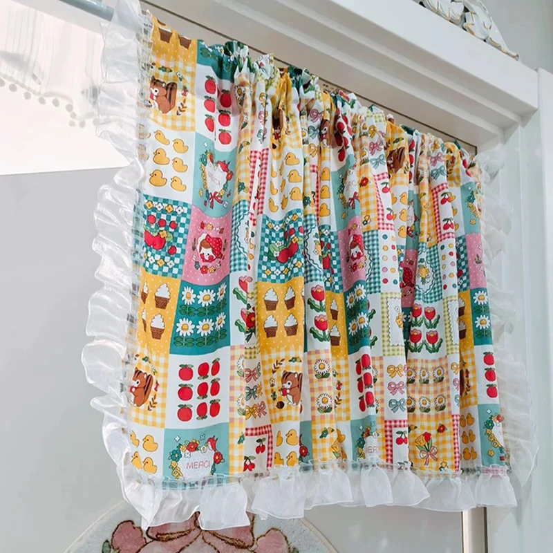 Lattice Fruit Patterns Korean Short Curtains Cloth for Living Room Japanese Pastoral Wave Lace Half Curtains for Kitchen #A591 2