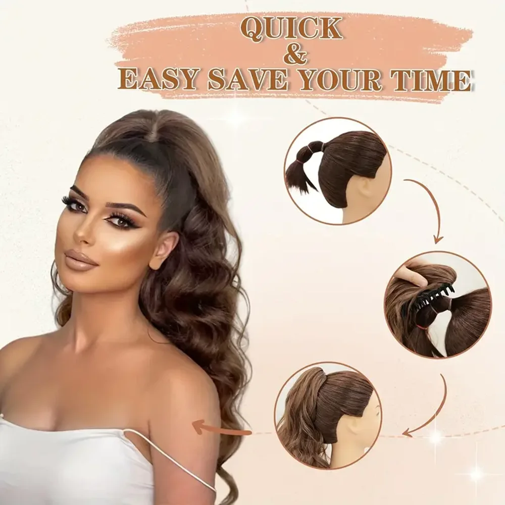 Synthetic Wavy Clip-In Tail Hairpiece 50cm Natural Layered Look Versatile High-Temperature Body Wave Ponytail Extension for Girl