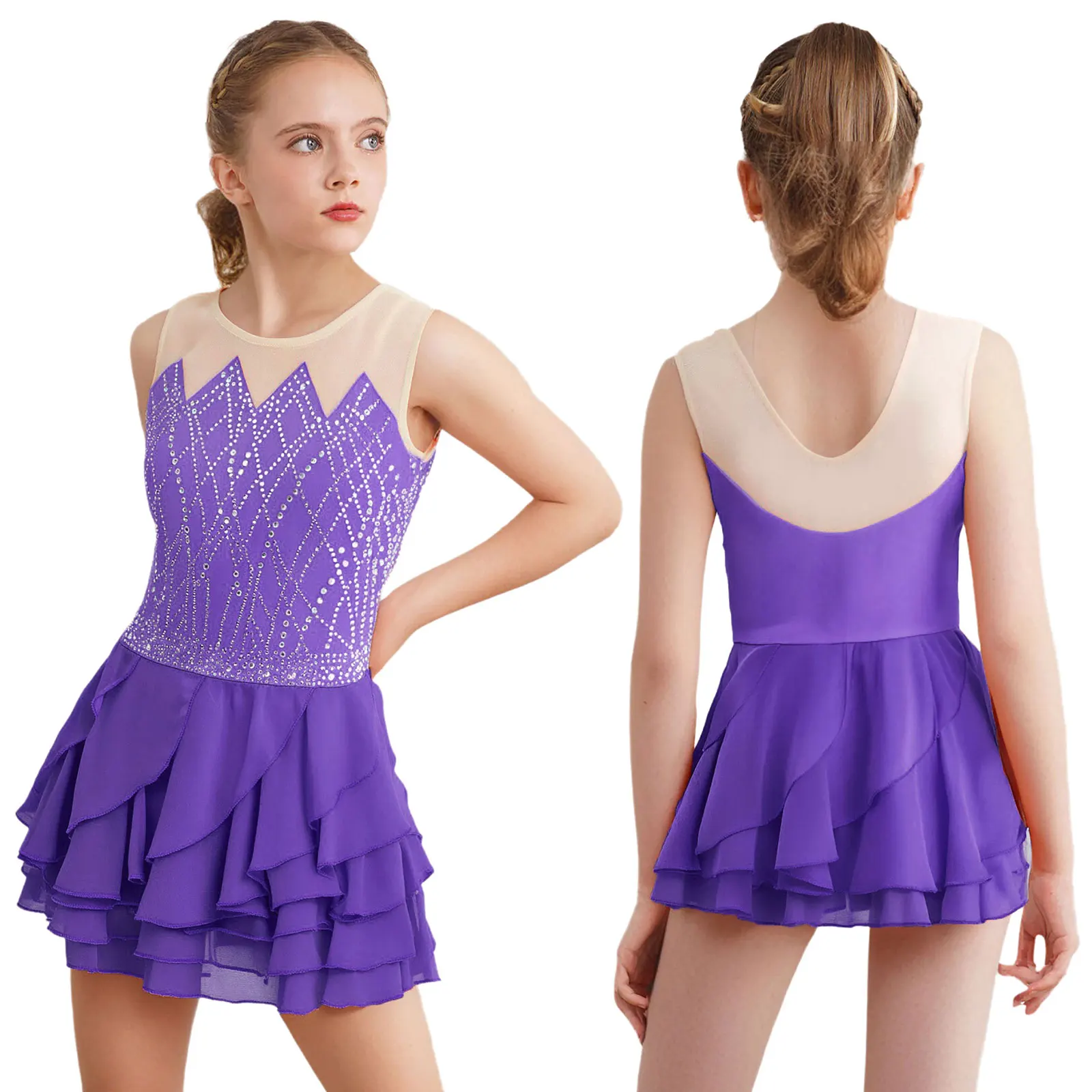 Kinder Mädchen Ballett Kleid Eiskunstlauf Gymnastik Dancewear Rundhals Ärmellos Glänzende Strasssteine Tiered Rüschen Tutu Kleid – Detail 7