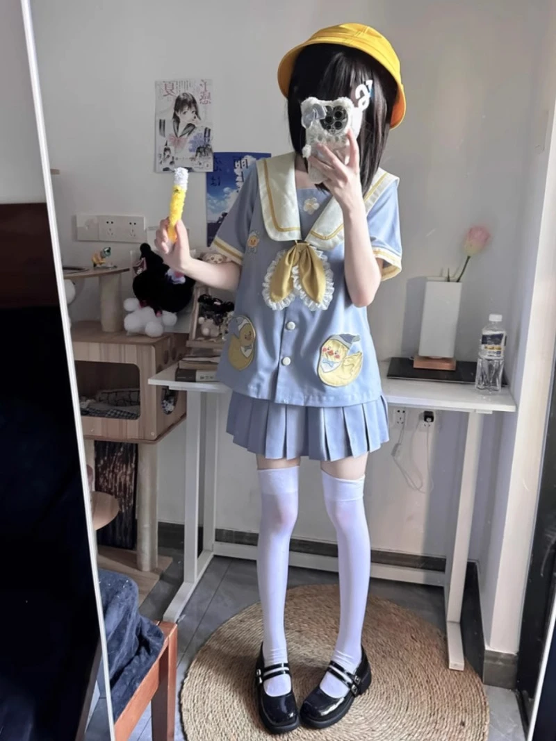 New Cartoon Lolita Japanese Cute Sweet Sailor Suit Academy Style Short Sleeved Top Skirt Set Spring Summer JK Blue Bow Uniform