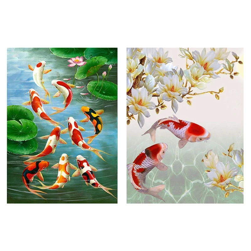 

2 Set 5D Art Diamond Painting Round Full Diamond Cross Stitch Kits Embroidery Home Decors,Koi Carp & Lotus Leaf