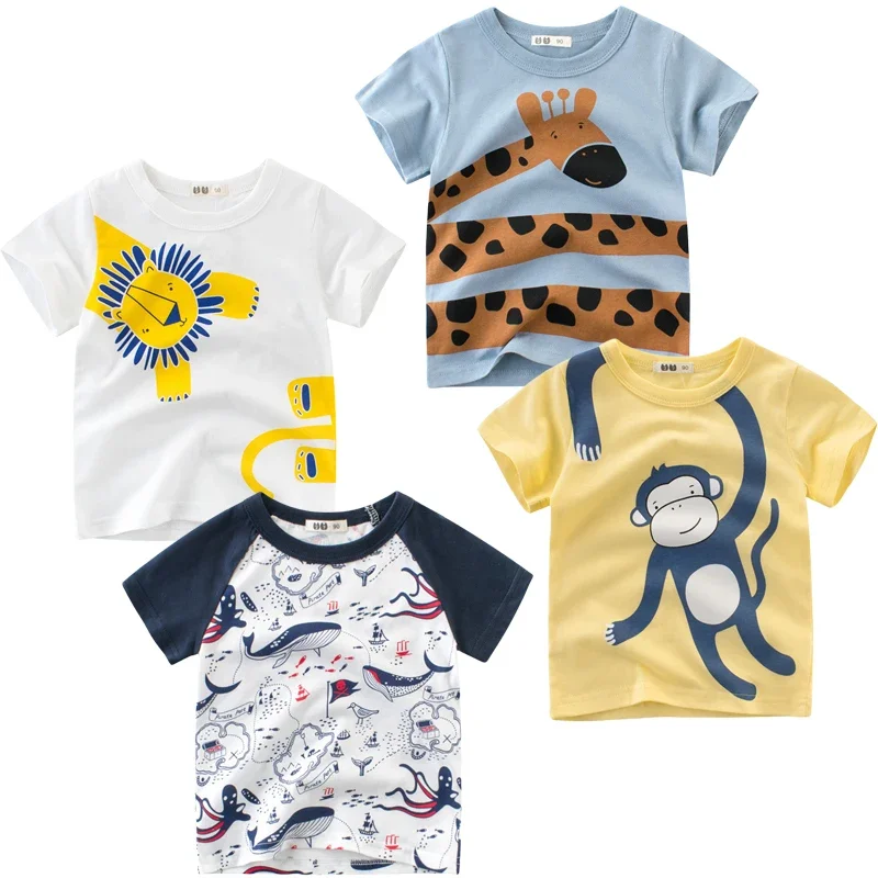 Dropshipping 4PCS/SET 2025 Summer New Boys' Cartoon Monkey Elephant T-shirt Short Sleeve T Shirt Dinosaur Children Tops Tees 4